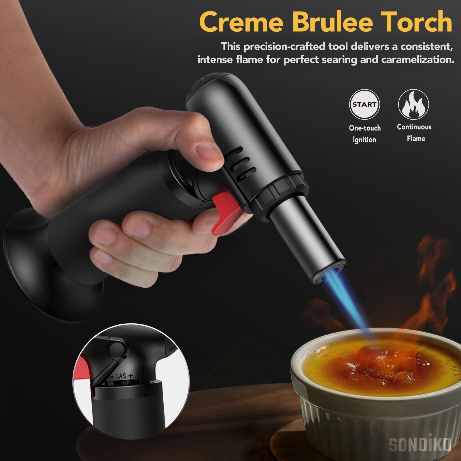 Sondiko Kitchen Blow Torch with Fuel Gauge S907, Refillable Soldering Torch Lighter with Safety Lock and Adjustable Flame for Desserts, Creme Brulee, Welding, Industrial (Butane Not Included)